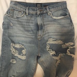 Distressed high rise jeans